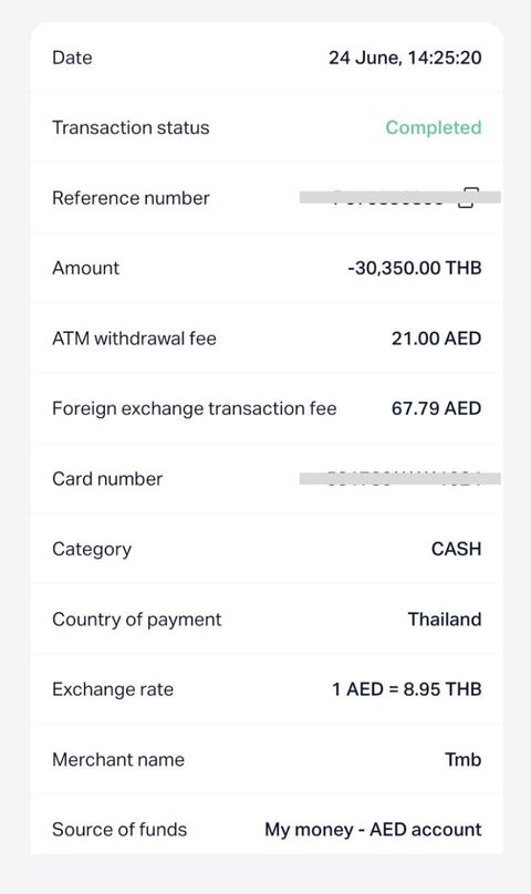Wio Personal app transaction detail for a 30,350 THB ATM cash withdrawal in Thailand, showing a 21 AED ATM withdrawal fee, a 67.79 AED foreign exchange transaction fee, an exchange rate of 1 AED = 8.95 THB, and source of funds 'My money - AED account'.